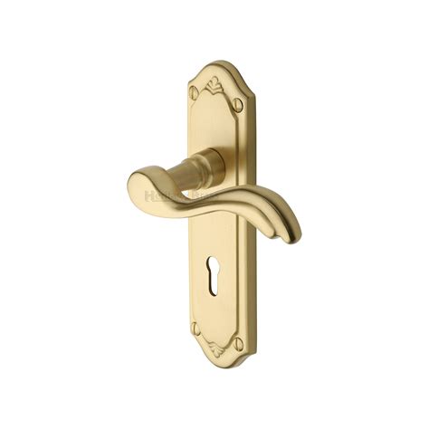 Heritage Brass Door Handle Lever Lock Lisboa Design Satin Brass Finish Prestige Hardware