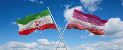 Two Crossed Flags Lesbian Pride And Iran Waving In Wind At Cloudy Sky