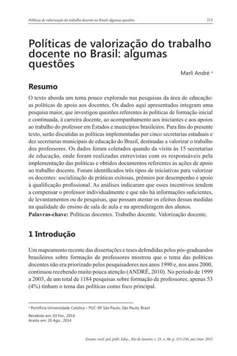 Pdf Políticas De Valorização Do Trabalho Docente No Brasil · Ensaio Aval Pol Públ Educ