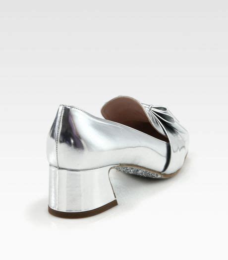 Miu Miu Metallic Leather Bow Glitter Heel Loafer Pumps In Silver Lyst