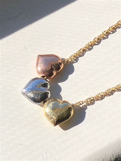 14k Gold Three Puffed Heart Necklace Vintage Valentine S Etsy