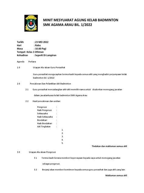 Minit Mesyuarat Agung Kelab Badminton Pdf