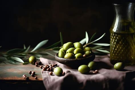 Olives Fraîches Avec Des Feuilles Dans Un Bol Et Un Bocal En Verre Avec