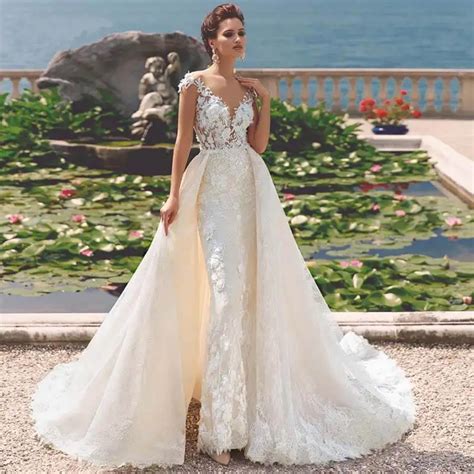 Luxury Full Lace Mermaid Wedding Dress With Detachable Train Elegant