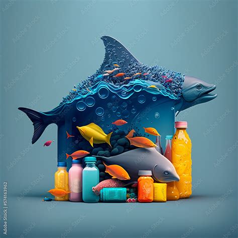 Plastic waste in the oceans pollutes fish and animals that live in the sea. Generative ai Stock ...