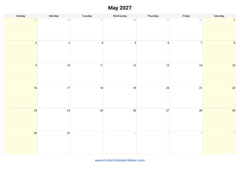 May 2027 Calendar Printable With Highlighted Weekends