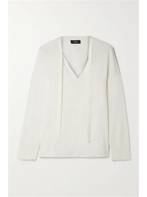 Theory Tie Neck Silk Blouse In White ModeSens