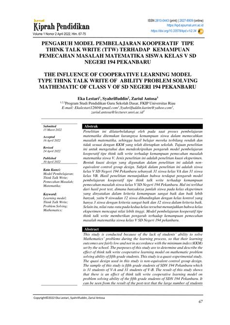 PDF PENGARUH MODEL PEMBELAJARAN KOOPERATIF TIPE THINK TALK WRITE TTW