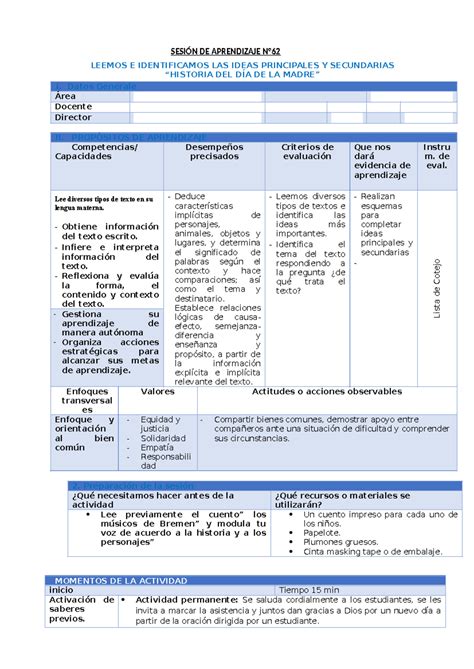 Sesi N De Aprendizaje N Comunicaci N Leemos E Identificamos Las