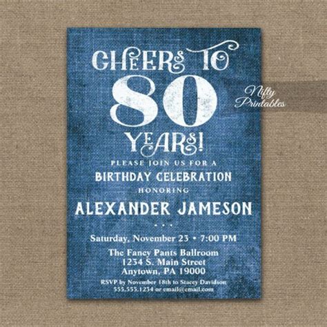 80th Birthday Invitations Blue Linen Rustic Cheers Nifty Printables