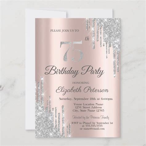 Silver Glitter Drips Rose Gold 75th Birthday Invi Invitation Zazzle