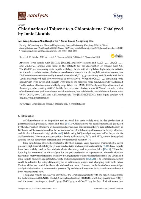 Pdf Chlorination Of Toluene To O Chlorotoluene Catalyzed By Ionic Liquids