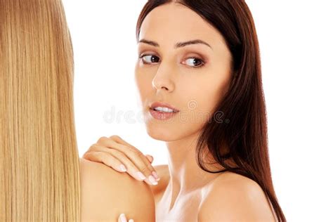 Close Up Beauty Portrait Of Two Beautiful Young Women Stock Image