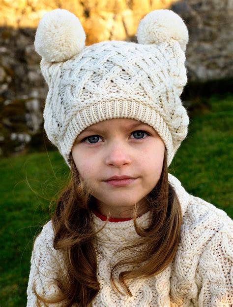 Kids Merino Aran Trellis Pom Pom Hat | Weavers of Ireland