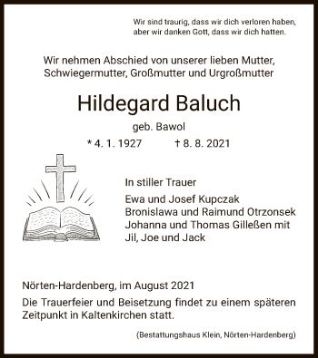 Traueranzeigen Von Hildegard Baluch Trauer HNA De