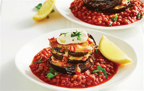 Roasted Eggplant Stack With Lentil Passata And Tahini Yoghurt Healthy