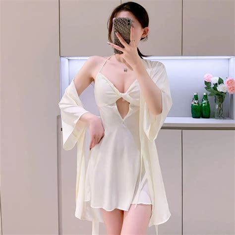 Womens Twinset Robe Set Sexy Kimono Sleepwear Nightwear Intimate Lingerie Summer Satin Bathrobe