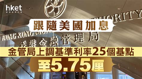 【香港加息】金管局跟隨美國加息 上調基準利率25個基點至575厘