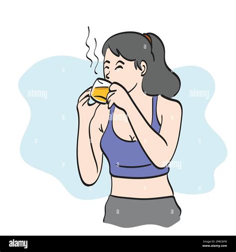 Line Art Woman In Sportwear Drinking Hot Tea Illustration Vector Hand Drawn Isolated On White