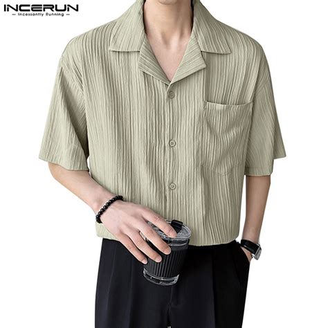 INCERUN Men Formal Pure Color Striped Cuban Collar Short Sleeve Shirts