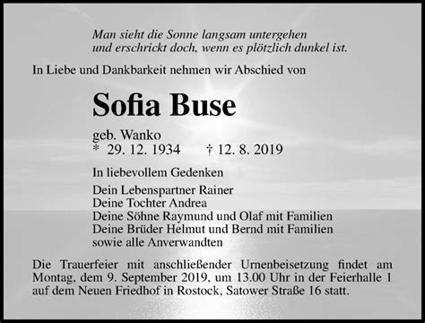 Traueranzeigen Von Sofia Buse Trauer Anzeigen De