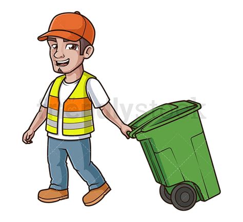 Garbageman Pulling Trash Bin Cartoon Clipart Vector Friendlystock