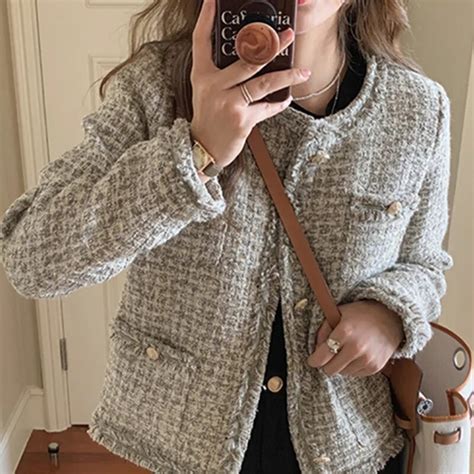 Korean Fashion Female Tweed Basic Jacket Coat Women 2023 Spring And