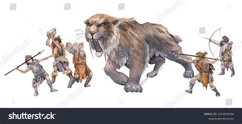 Watercolor Scene Cavemen Fighting Saber Toothed Cat Stock Illustration