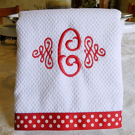 Monogrammed Kitchen Towel Dish Towel Red with White Dots