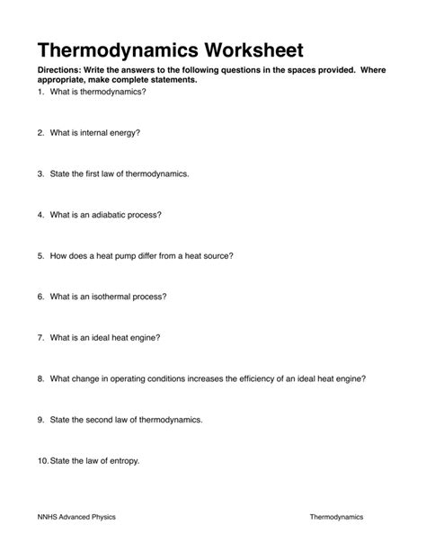 Laws Of Thermodynamics Worksheet