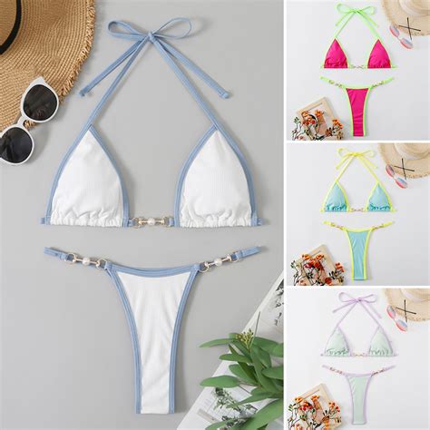 Guiexla Pcs Set Women Bikini Set Contrast Color Halter Neck Three Point Imitation Pearl Deep V