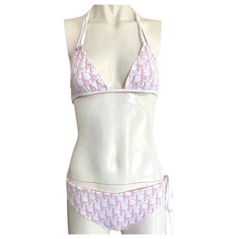 Superbe bikini maillot de bain pièces Christian Dior Coton Rose Blanc ref Joli Closet
