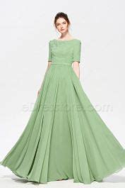 Modest Beaded Sage Green Bridesmaid Dresses Elbow Sleeves EDresstore