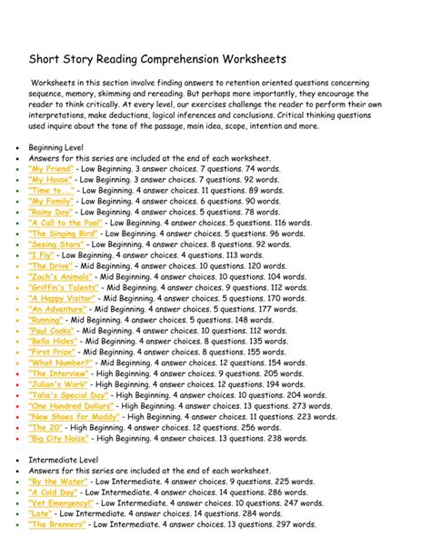 Short Story Reading Comprehension Worksheets 1