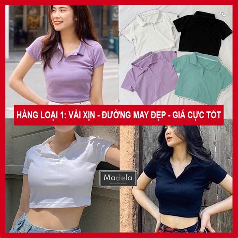 Áo croptop nữ có cổ polo tay ngắn MADELA Croptop nữ kiểu cổ đức HOT
