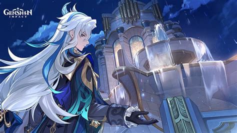 原神、 ヌーヴィレット(原神)、 夜、 噴水、 HDデスクトップの壁紙 | Wallpaperbetter