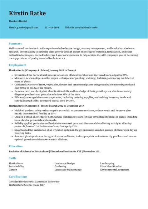 Horticulturist Resume (CV) Example and Writing Guide