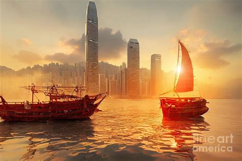 Hong Kong Red Sail Junk Boats Digital Art By Benny Marty Fine Art America