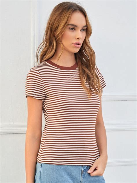 Shein Ezwear Striped Print Round Neck Tee Shein Usa