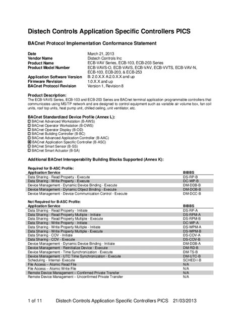 Fillable Online Distech Controls B Asc Pics Bacnet Protocol