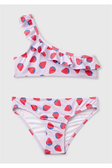 United Colors of Benetton Kız Çocuk Lila Mix Tamamı Desenli Göğsü Fırfırlı Tek Omuzlu Bikini
