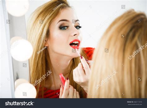 Beautiful Woman Applying Lipstick Mirror Stock Photo 366111419