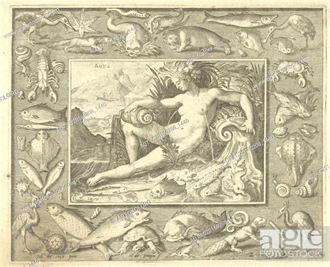 Element Water As Naked Woman Sitting Near A Well With Fish Water Flowing From Her Breasts