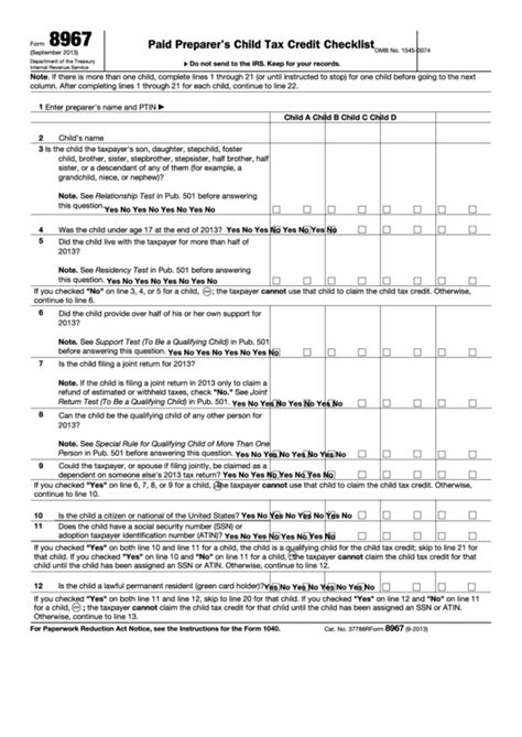 Fillable Form 8967 - Paid Preparer'S Child Tax Credit Checklist ...