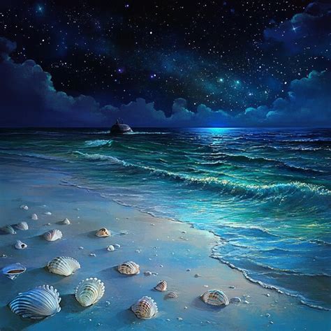 Digital Painting Of A Night Beach Scene Glowing Tides Celestial Shores