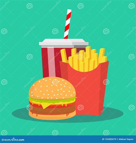 French Fries Hamburger And Soda Takeaway Vector Illustration Fast Food