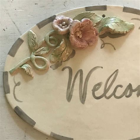 Ceramic Welcome Sign With Sculpted Pink Blush Flowers Vines Etsy