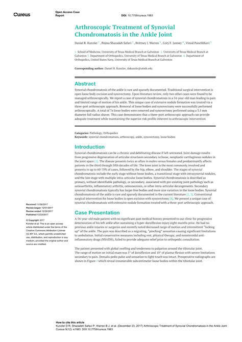 Arthroscopic Treatment of Synovial Chondromatosis in the Ankle Joint ...