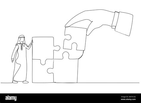 Drawing Of Giant Hand Connect Last Jigsaw Puzzle To Office Arab Worker