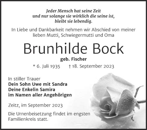 Traueranzeigen Von Brunhilde Bock Abschied Nehmen De